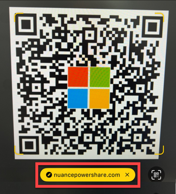 QR code with Microsoft logo and a highlighted nuancepowershare.com link below.