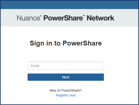 Screenshot of the Nuance PowerShare Network sign-in page with an Email field and a Next button.
