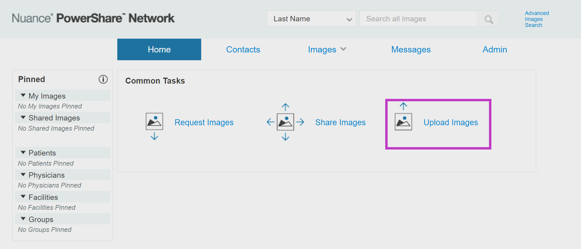 Screenshot of the PowerShare Network Home page with Common Tasks and Upload Images highlighted.