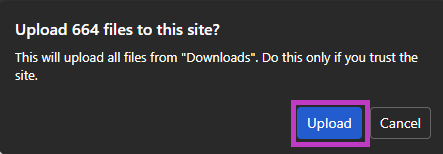 Screenshot of upload confirmation dialog with 664 files and highlighted Upload button. (85 chars).