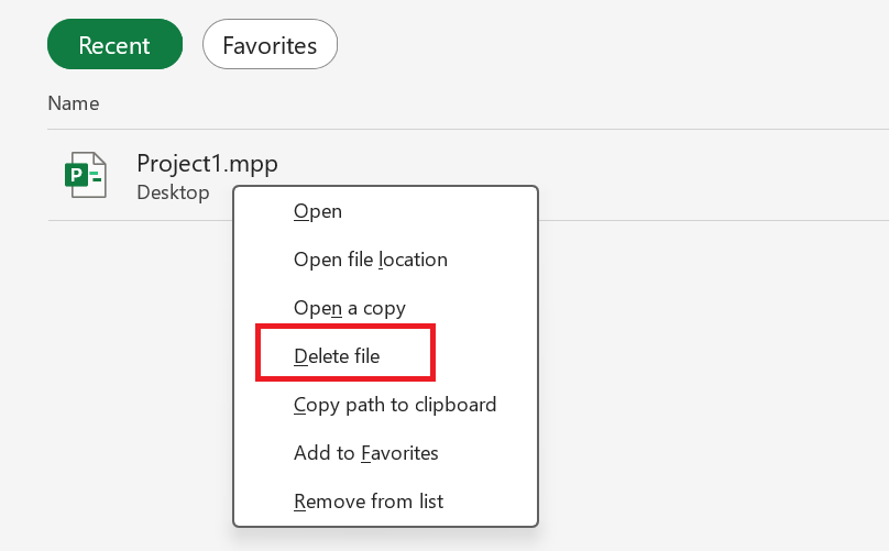 Screenshot that shows the Delete file option.