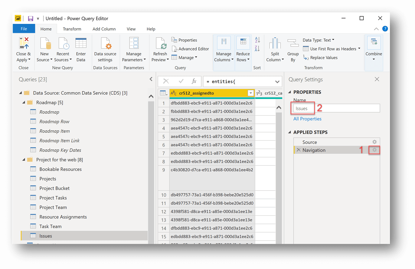 The query editor with Issues selected in the Queries pane. The number 2 appears next to the word Issues which is listed in the Name field under PROPERTIES, and the number 1 appears next to Navigation, which is selected under APPLIED STEPS in the Query Settings pane.
