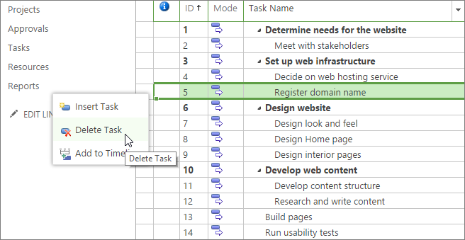 Right-click the row heading for the task you want to delete.