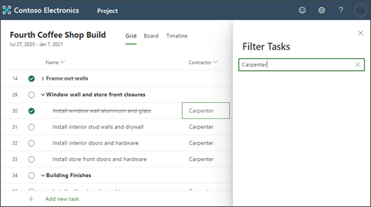 Screen shot of a project filtered on a columns contents