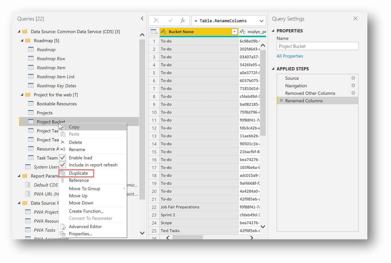 The Query editor window with Project Bucket and Duplicate selected in the Queries pane. Project Bucket appears in the Name field under PROPERTIES. The Renamed Columns listing is highlighted in the APPLIED STEPS pane.