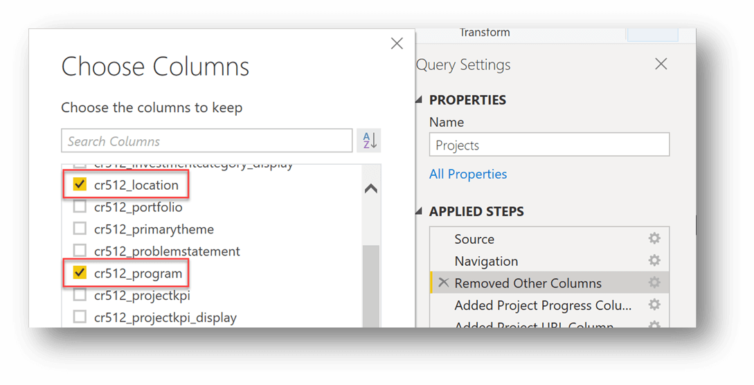 This is an example of how to choose columns to add in query editor. The columns being added in this example are called cr512_location and cr512_program.