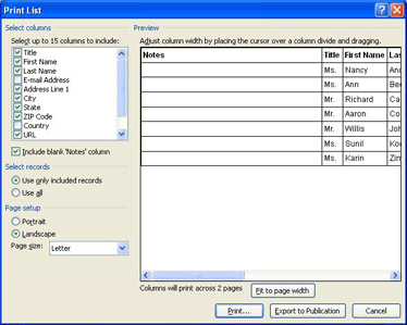 Mail Merge Print List dialog box