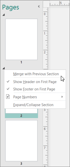 A screenshot shows a section selected with the cursor pointing to the Merge with Previous Section option.