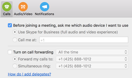 How do I add delegates? help link in Calls page of Preferences dialog box