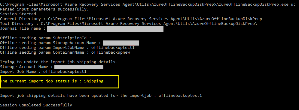 Command prompt showing the Azure import job status is Shipping
