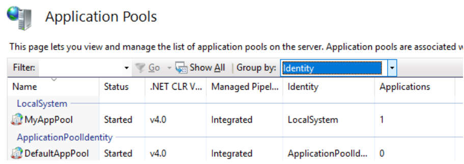 The screenshot shows an example of an app pool (MyAppPool) which is configured to run as LOCALSYSTEM. Any applications running within this app pool will run as the SYSTEM identity.