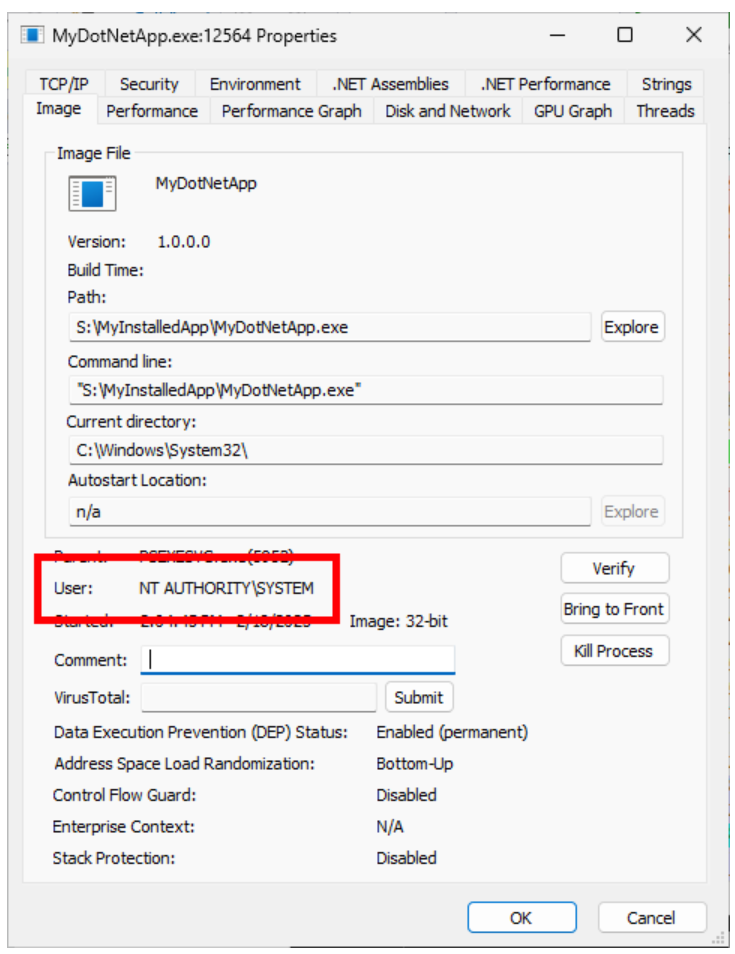 in Sysinternals Process Explorer, locate the process of interest and enter the Properties view, then look at the User field under the Image tab.