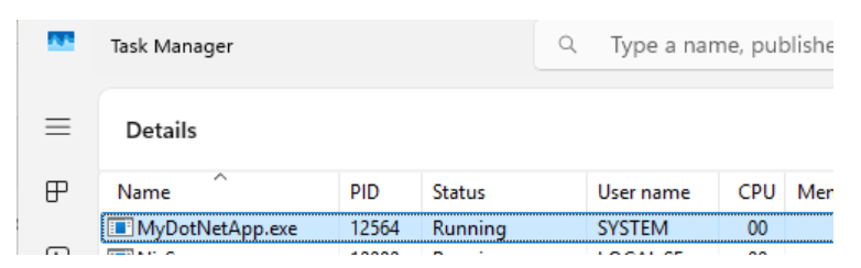 In Task Manager, use the Details view to list all running processes in the system, then locate the process of interest and look at the entry under the User name column.