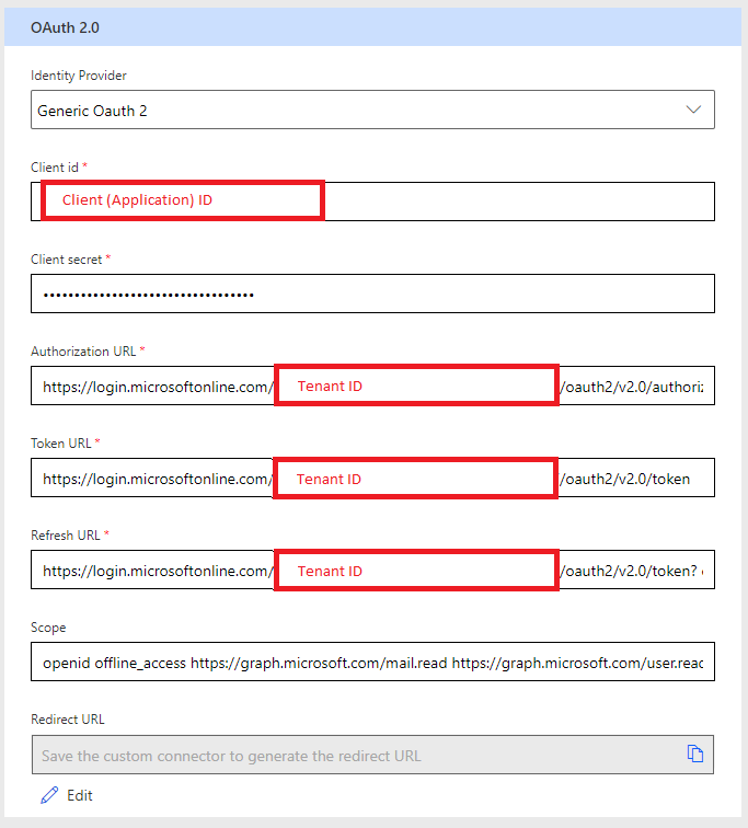 Populating entries in the Custom Connector OAUTH using previously-defined values: Client ID AuthCode URL Token URL Refresh URL Scope