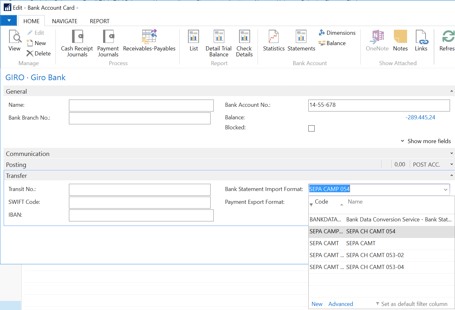 Edit Bank Account and set Bank Statement Import Format