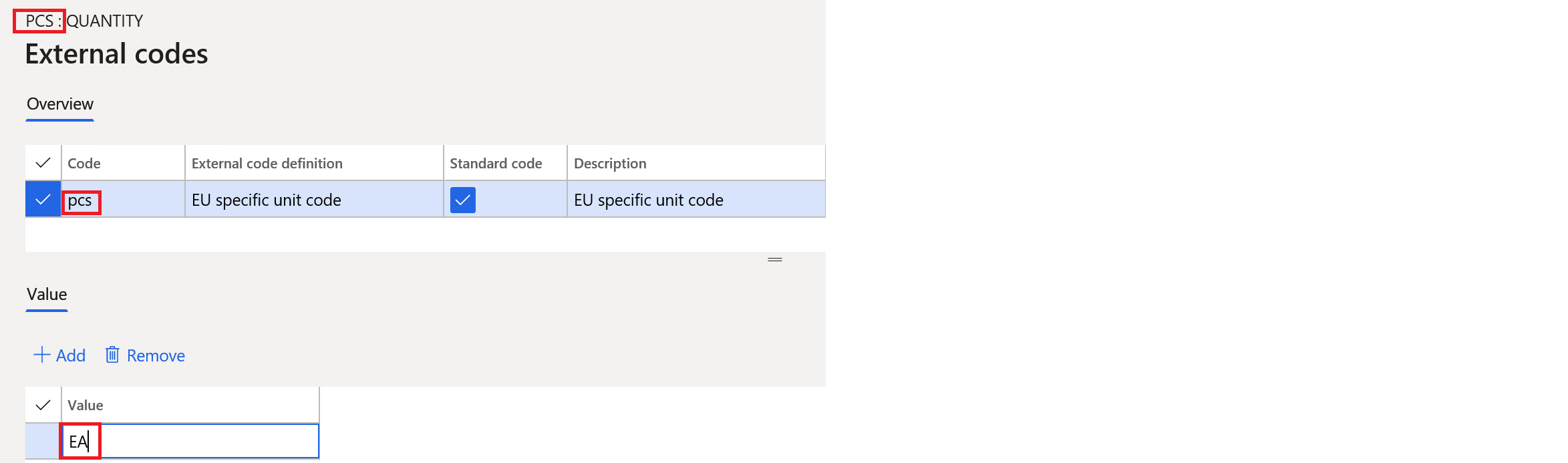 Screenshot showing In Organization administration > Setup > Units > Units > External codes define the values of External codes for all involved units