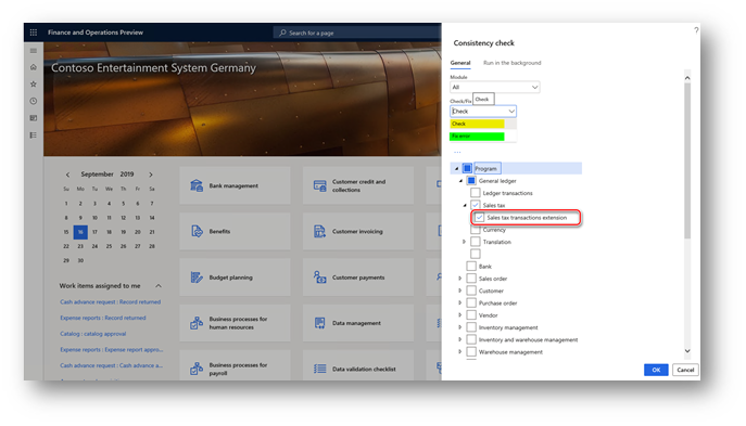 Screenshot showing Avoid this issue, we recommend running " Sales tax transactions extension " consistency check. Open System administration > Periodical tasks > Database > Consistency check page and mark Program > General ledger > Sales tax > Sales tax transactions extension check box (you don't need to mark the parent checkboxes if you want to run only Sales tax transactions extension check)