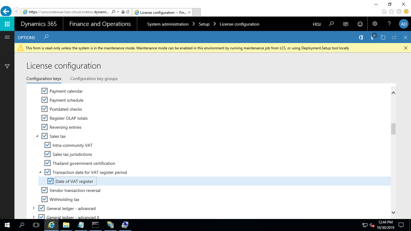 Screenshot showing Enable General Ledger > Sales tax > Transaction date for VAT register period > Date of VAT register configuration key
