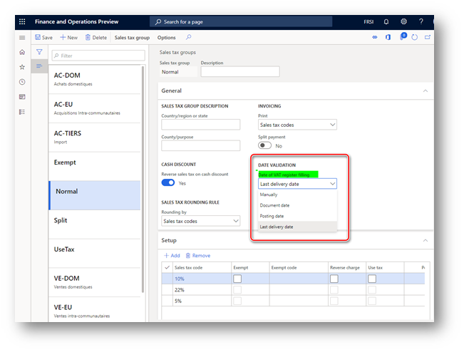 Screenshot showing " Date of VAT register " feature enables possibility to select a method of auto-filling of " Date of VAT register" field via the Date of VAT register filling parameter on the Sales tax groups page