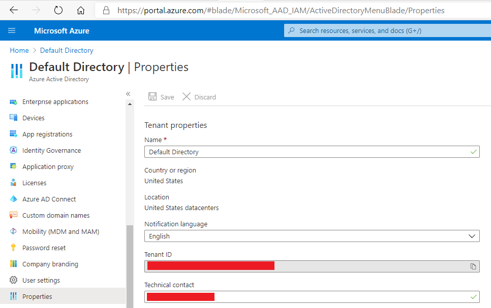 Get TenantId from the Properties tab on the Azure Active Directory Blade