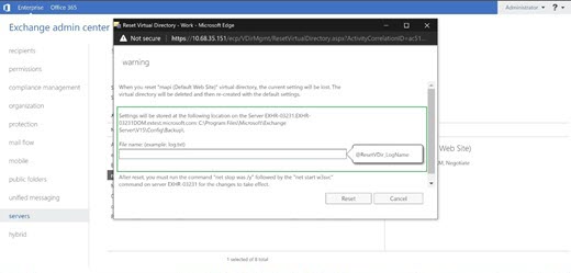 Screenshot of Office 365 Exchange Admin Center window