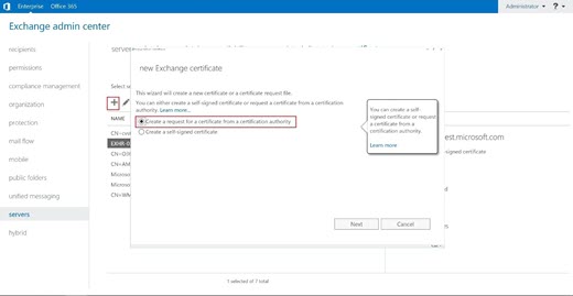 Screenshot of Office 365 Exchange Admin Center window