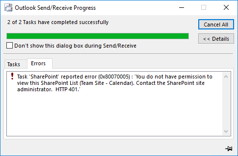 Screenshot of a send and recieve error for Outloook.