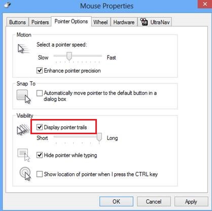 Mouse Properties Pointer Options tab with Display pointer trails selected