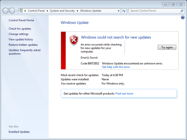 Error code 80072ee2