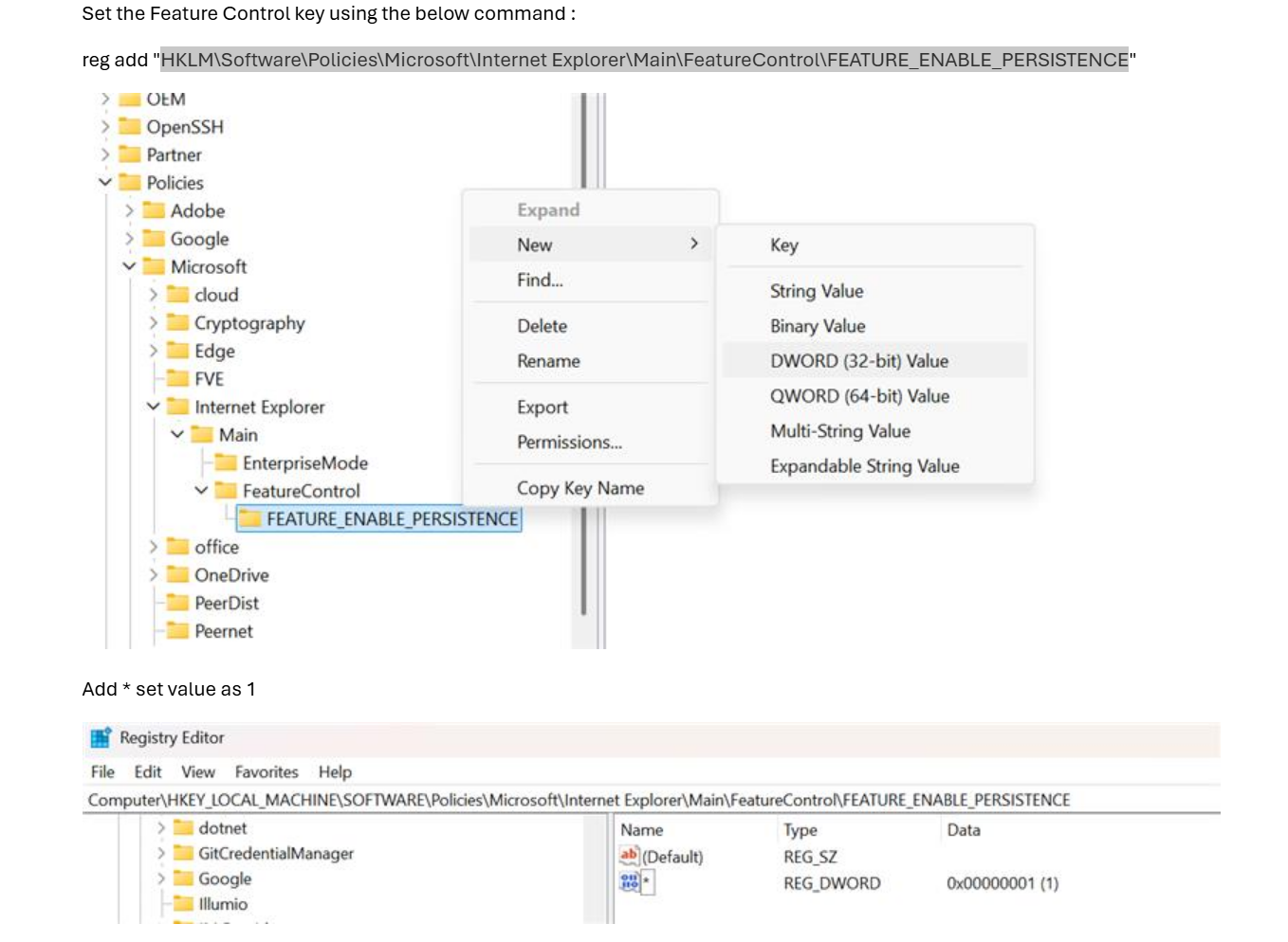 Screenshots showing steps to create the feature control registry key
