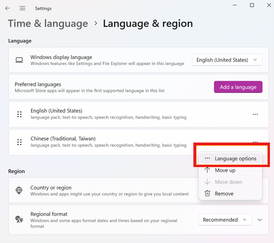 Click Language options from the popup menu.