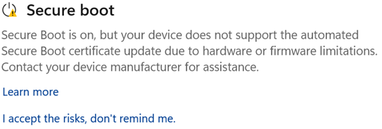 Screenshot of Windows Security warning that Secure Boot certificate updates are blocked