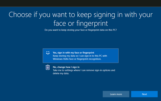 Choose if you want to keep signing in with your face or fingerprint