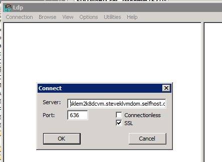LDP.exe Connect Properties for LDAP over SSL