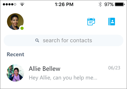 A screenshot showing recent conversations on Skype for Business for iOS.