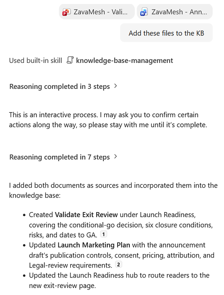 Screenshot of Copilot in SharePoint adding two documents as sources and creating and updating KB pages.