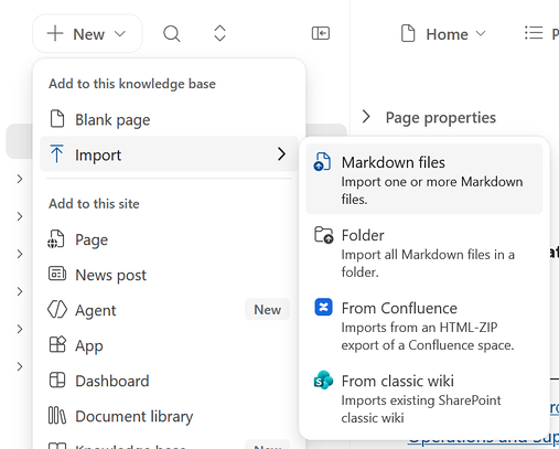 Screenshot of the New menu in a knowledge base with Import selected, showing the Markdown files, Folder, From Confluence, and From classic wiki options.