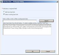 Add Best Bet dialog box showing the list of existing Best Bets for selection