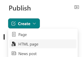 Screenshot of the Create menu on the Publish landing page with the HTML page option highlighted.
