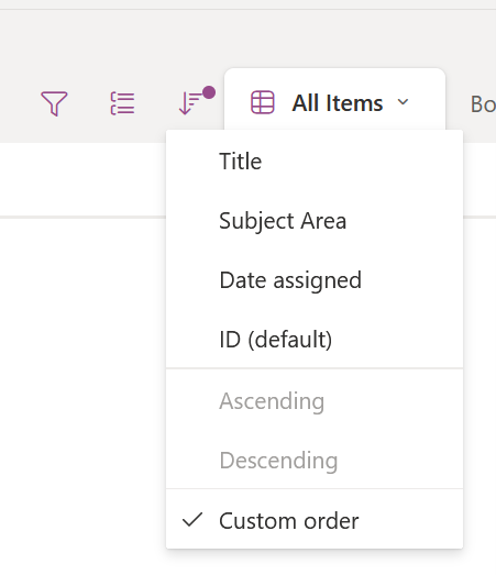 Sort dropdown displaying custom order selected