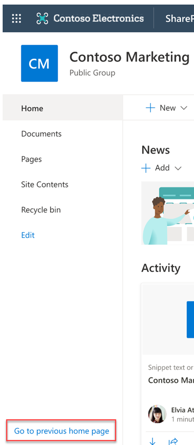 Image of the left hand navigation of the team site home page highlighting Go to previous page