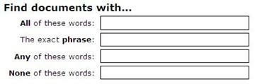 Text boxes in which you can type keyword to find documents with all words, exact words, any words, or none of the specified words