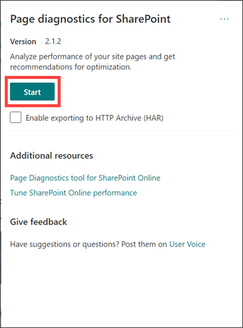 Page diagnostics for SharePoint extension with the start button highlighted