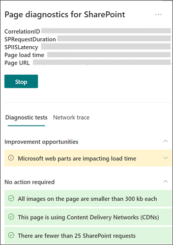 Page diagnostics test results