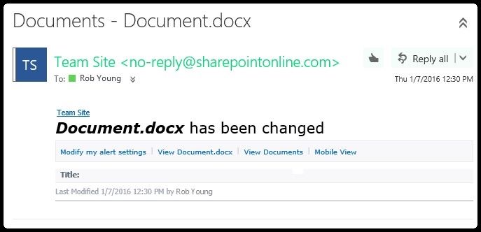 Screen shot of a SharePoint alert notification