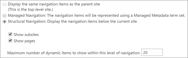 The structural navigation options for SharePoint sites