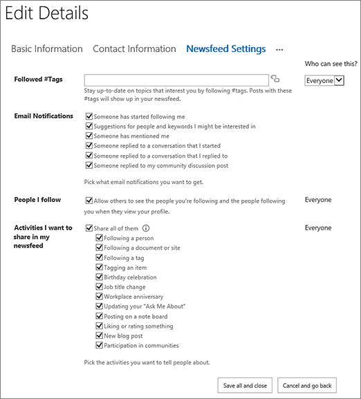 Newsfeed settings screen with options checked.