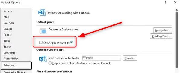 L'immagine mostra l'opzione "Mostra app in Outlook" nel menu Opzioni/Avanzate.