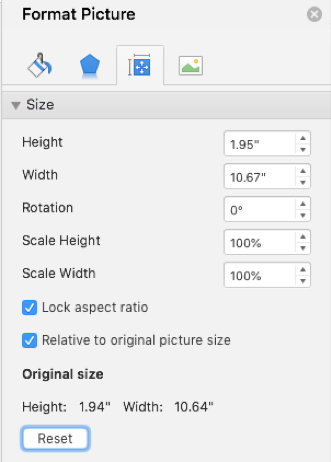 Format Picture pane with the Reset button highlighted