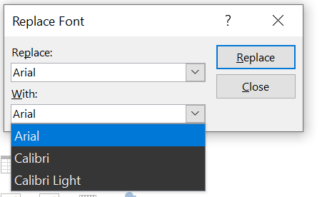 An image of the Replace Font dialog from PowerPoint. Shows the With drop-down box expanded.